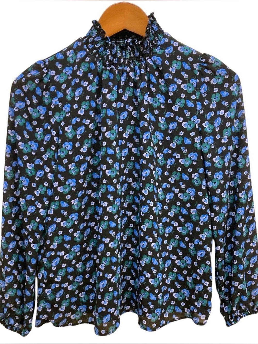 J. Crew Black High-Neck Blouse with Blue Floral Print and Inside Slip Lining
